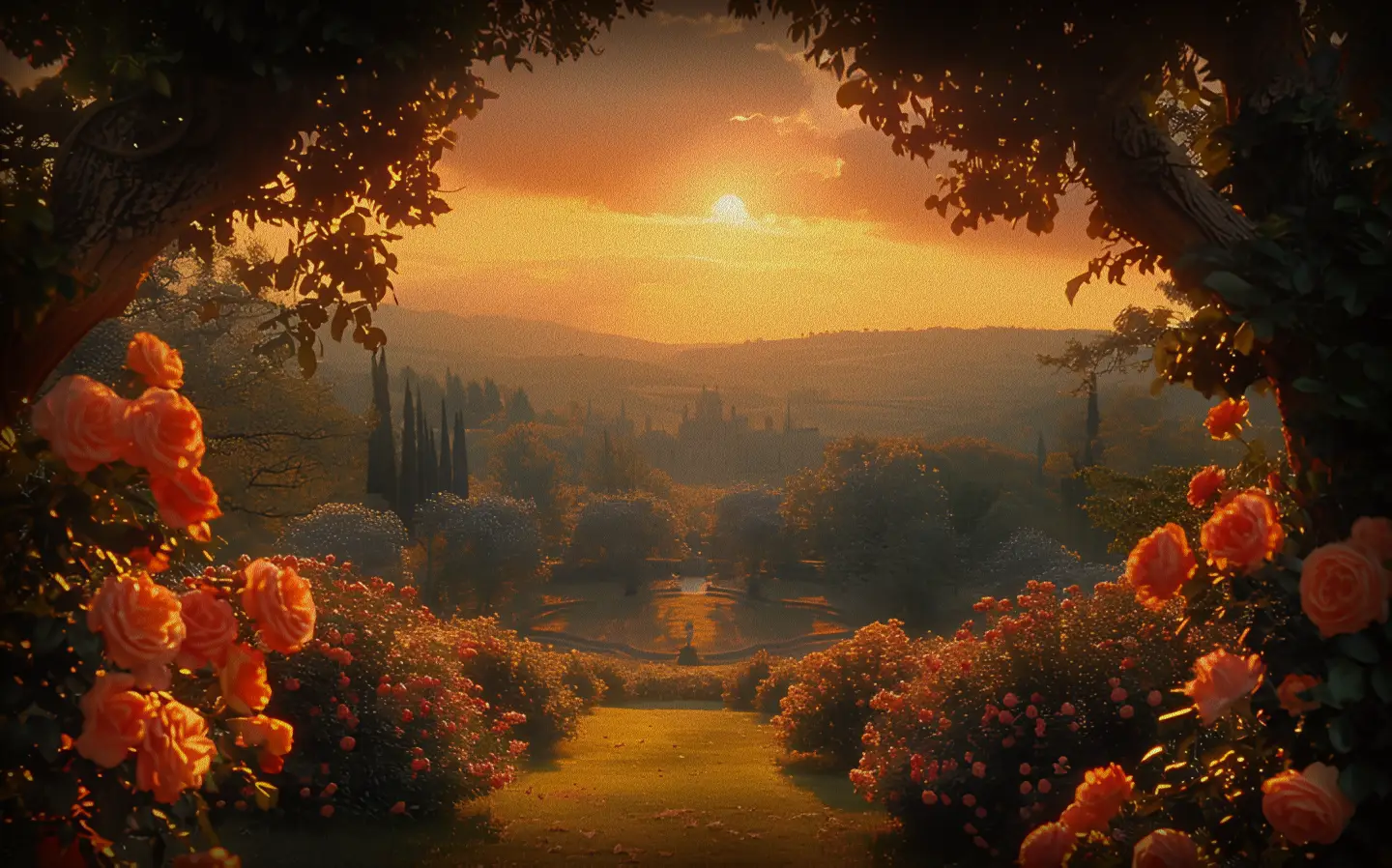 Sunset over a rose garden
